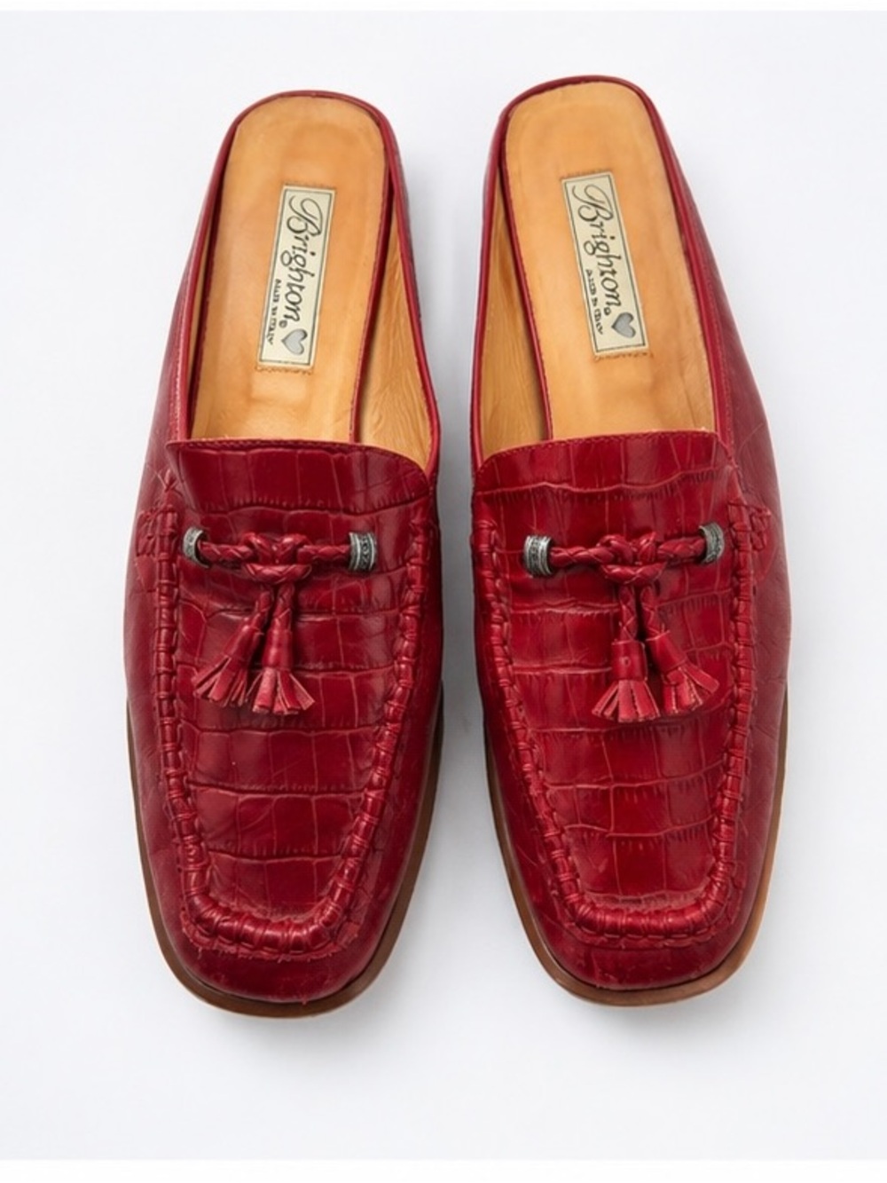 Brighton Julie Red Croc Embossed Leather Mule Loafers Tassel Slides Sz 10 - Picture 2 of 8